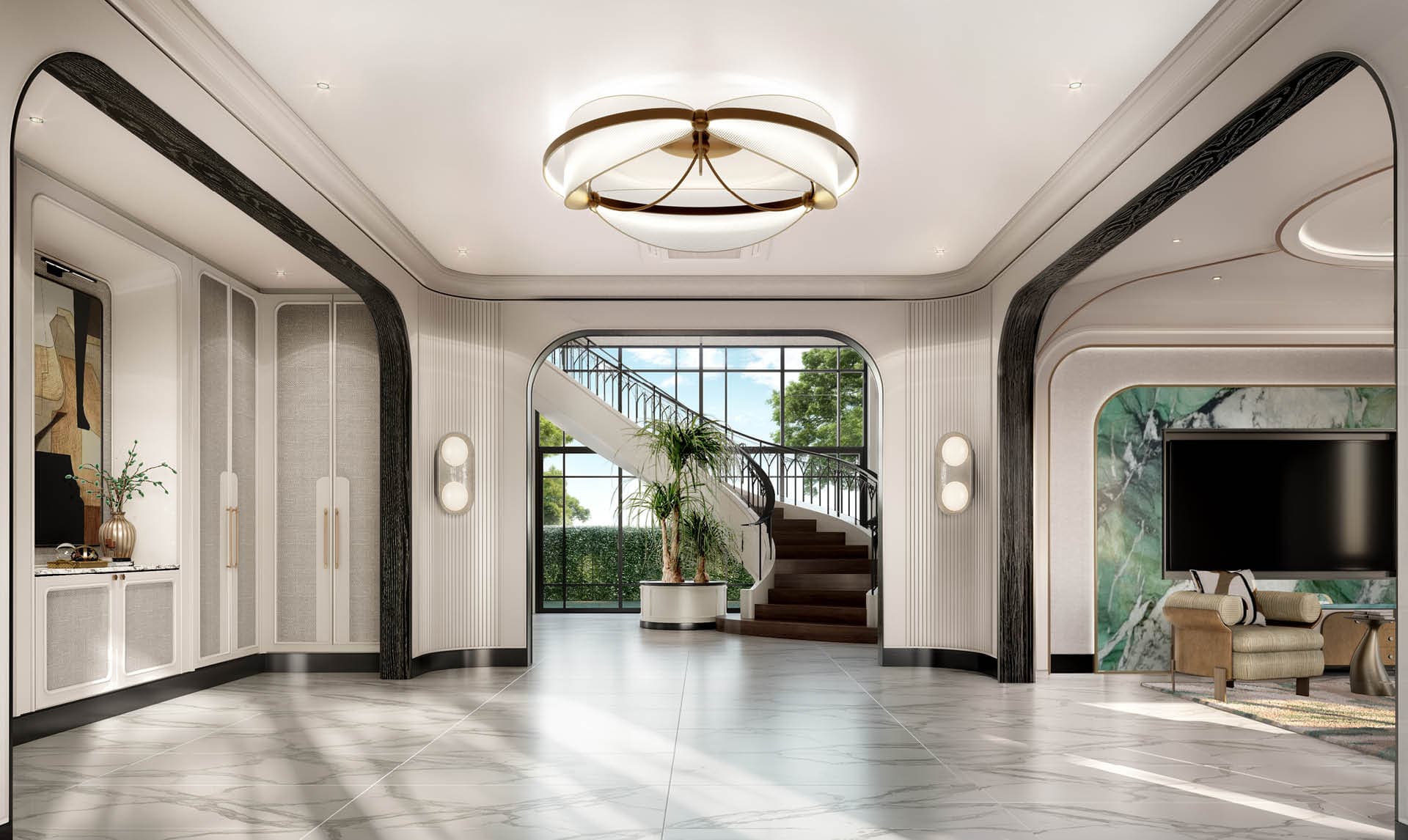 Grand foyer with curved black timber arches and a sculptural brass pendant