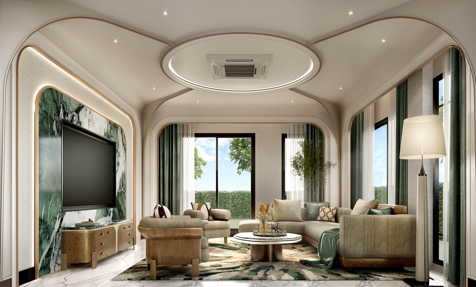 Living room framed by softly curved arches and green marble