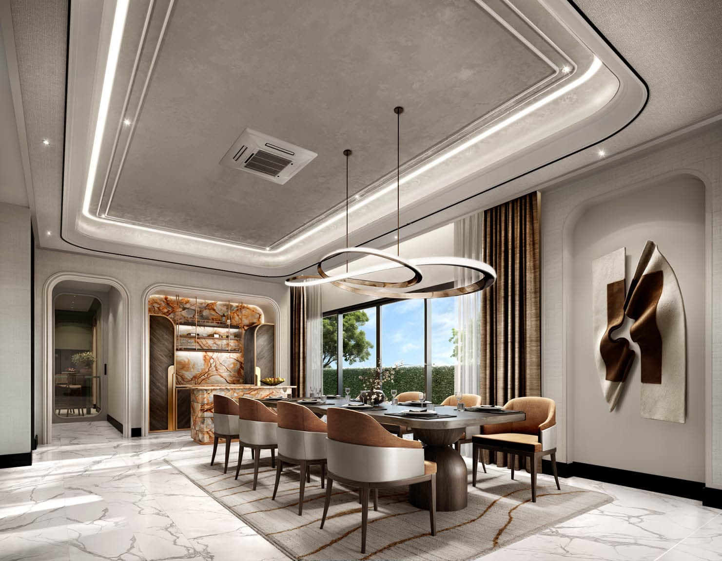 Dining area with a luminous tray ceiling and marble bar