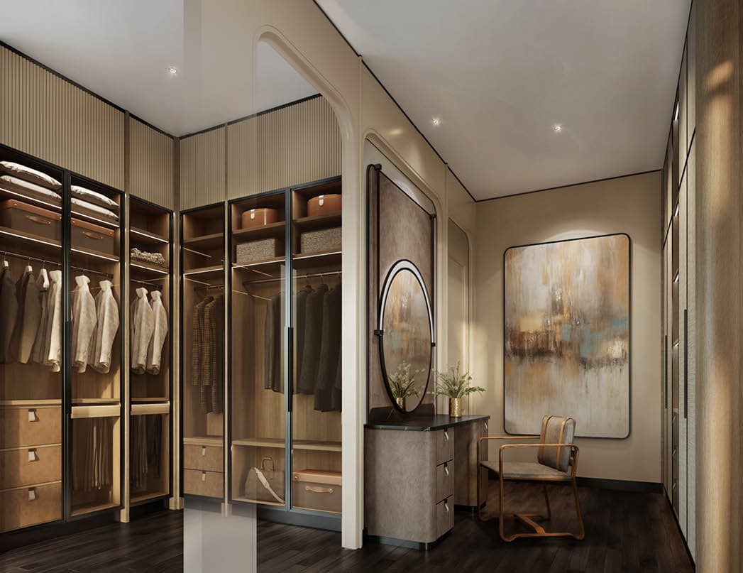 Owner’s walk-in wardrobe with illuminated oak cabinetry