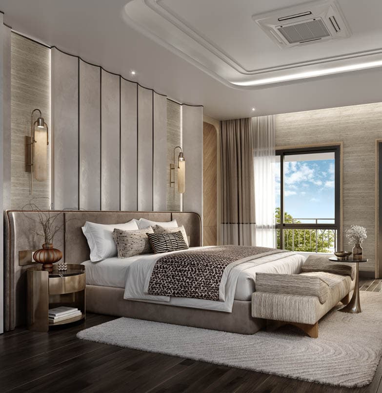Owner’s bedroom in warm ivory and taupe tones