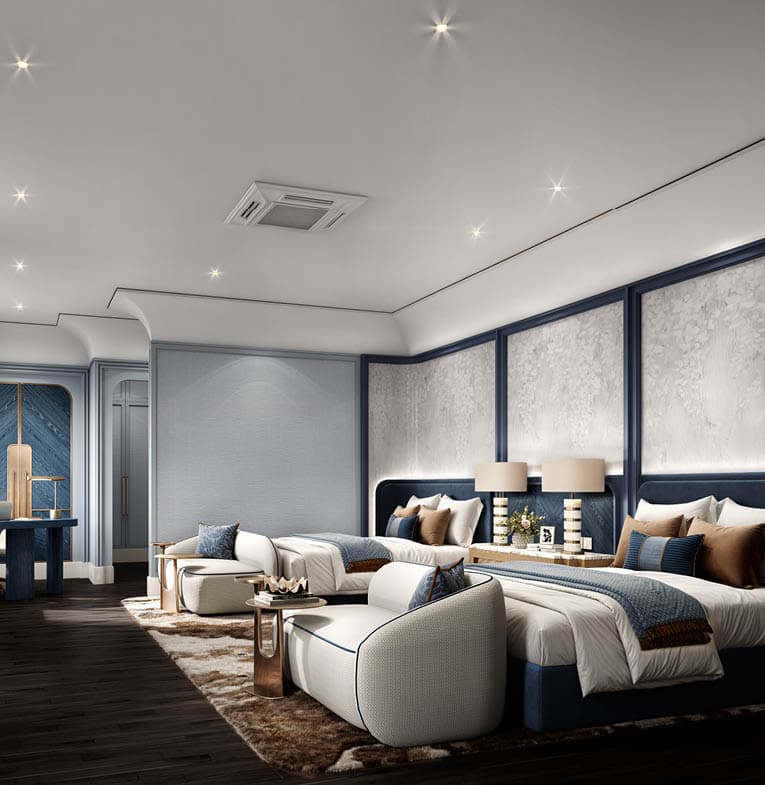 Blue and grey bedroom suite with dark oak flooring