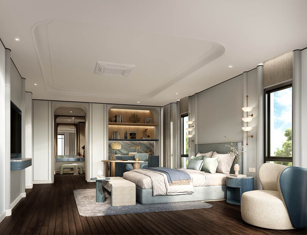 Khun Tong’s bedroom with blue-grey joinery and a reading nook