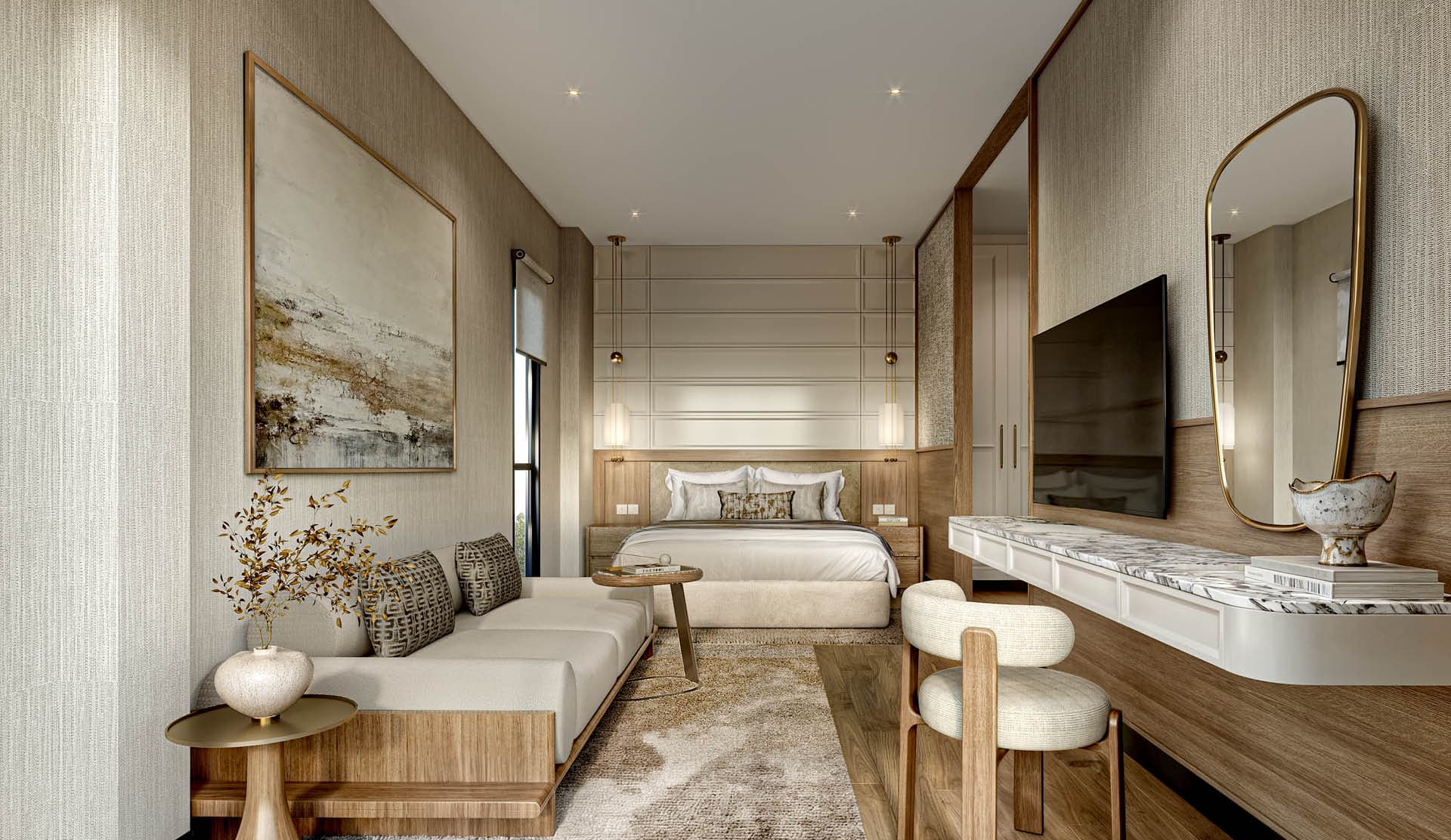 Father’s bedroom in a quiet taupe and warm oak palette