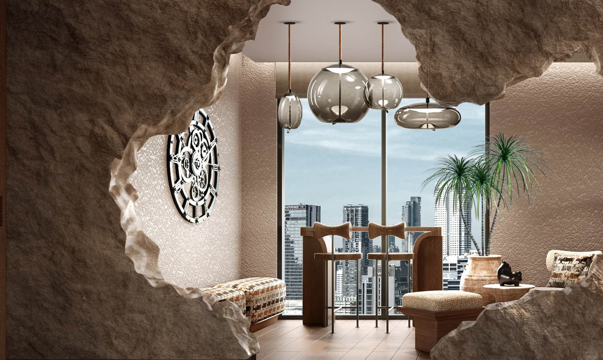 House of Milon lounge framed by sculptural rock formations