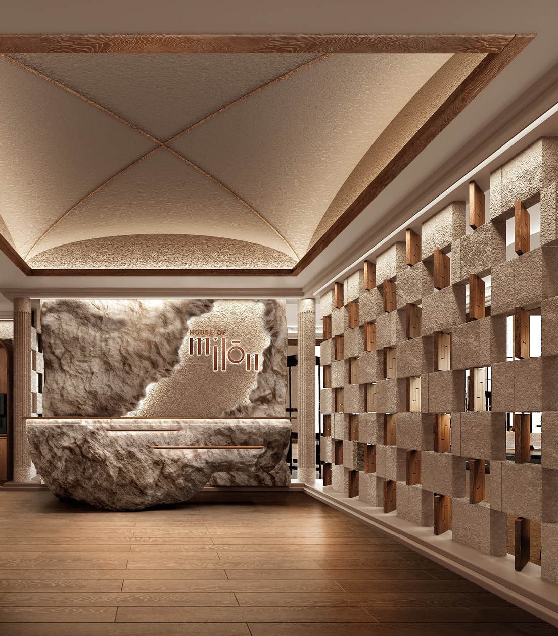 Sculptural stone reception desk and geometric feature screen
