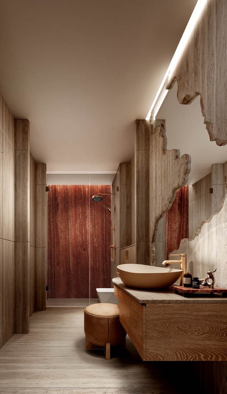 House of Milon bathroom with warm wood and red onyx shower
