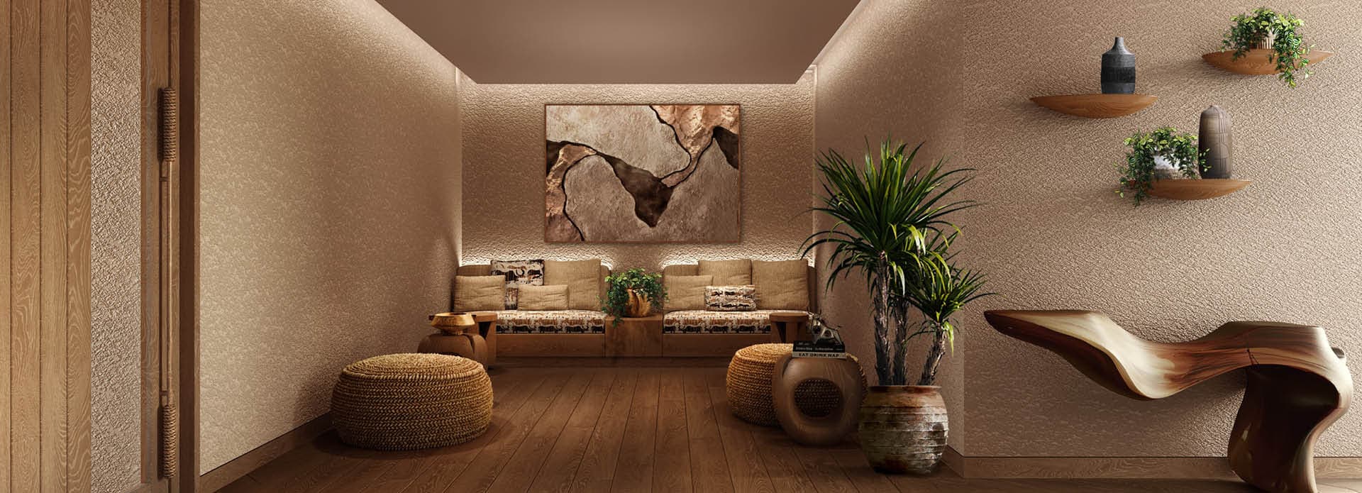 Pilates waiting area in warm textured finishes