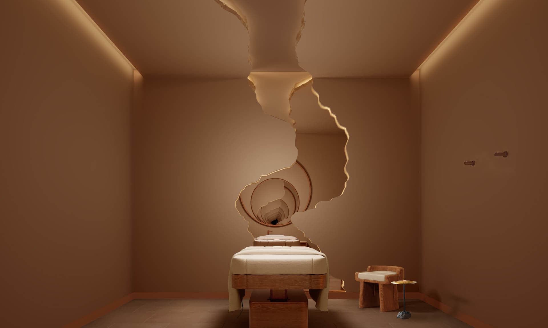 Amber-lit massage room with a sculptural cave ceiling
