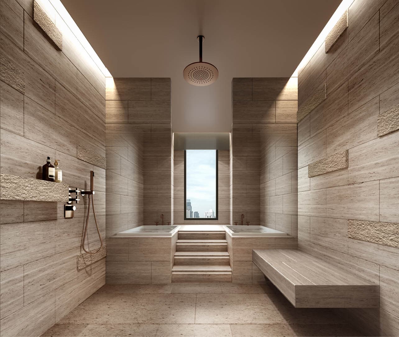 Travertine cold plunge and shower room