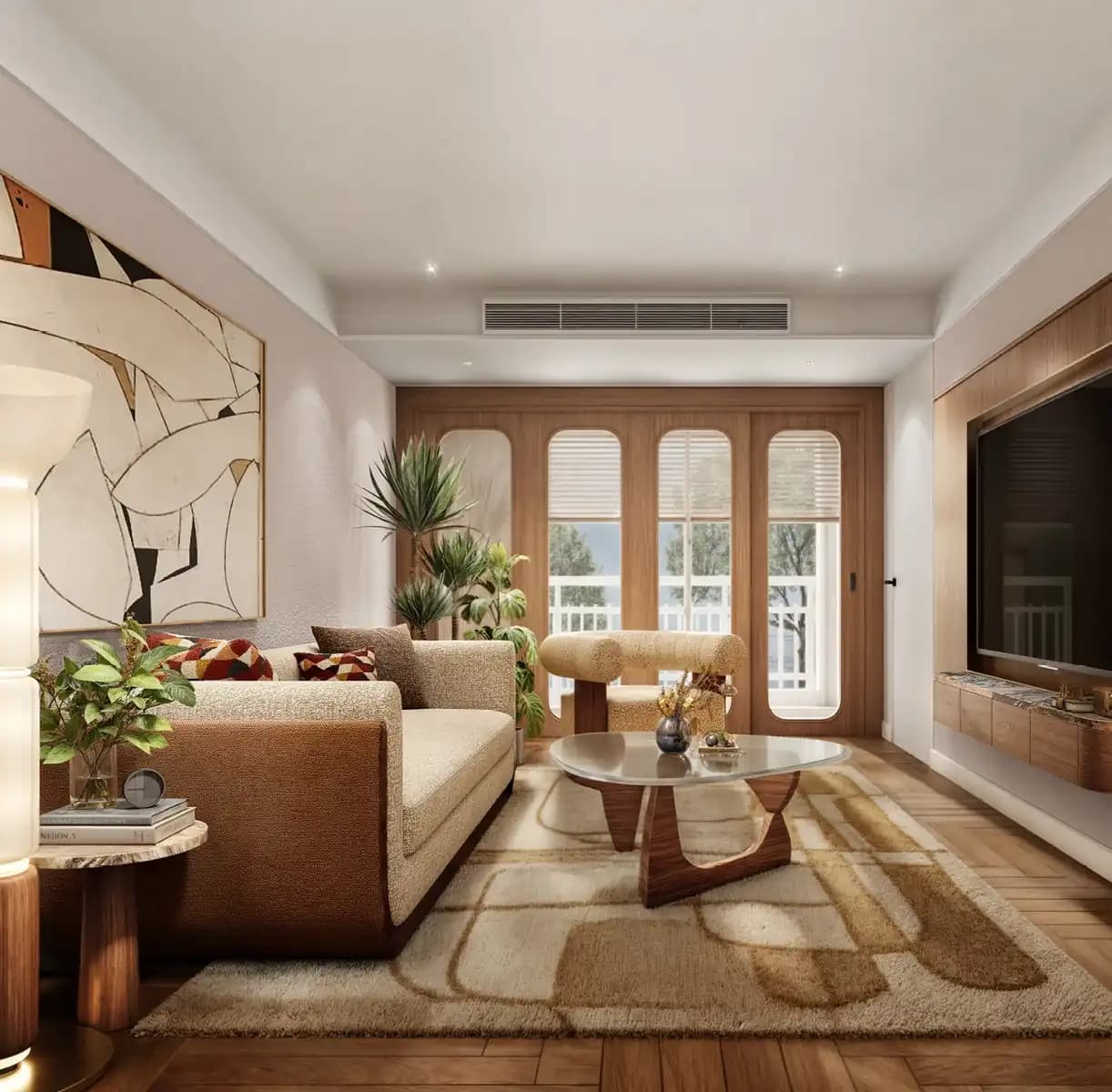 A warm residential living space with contemporary furnishings