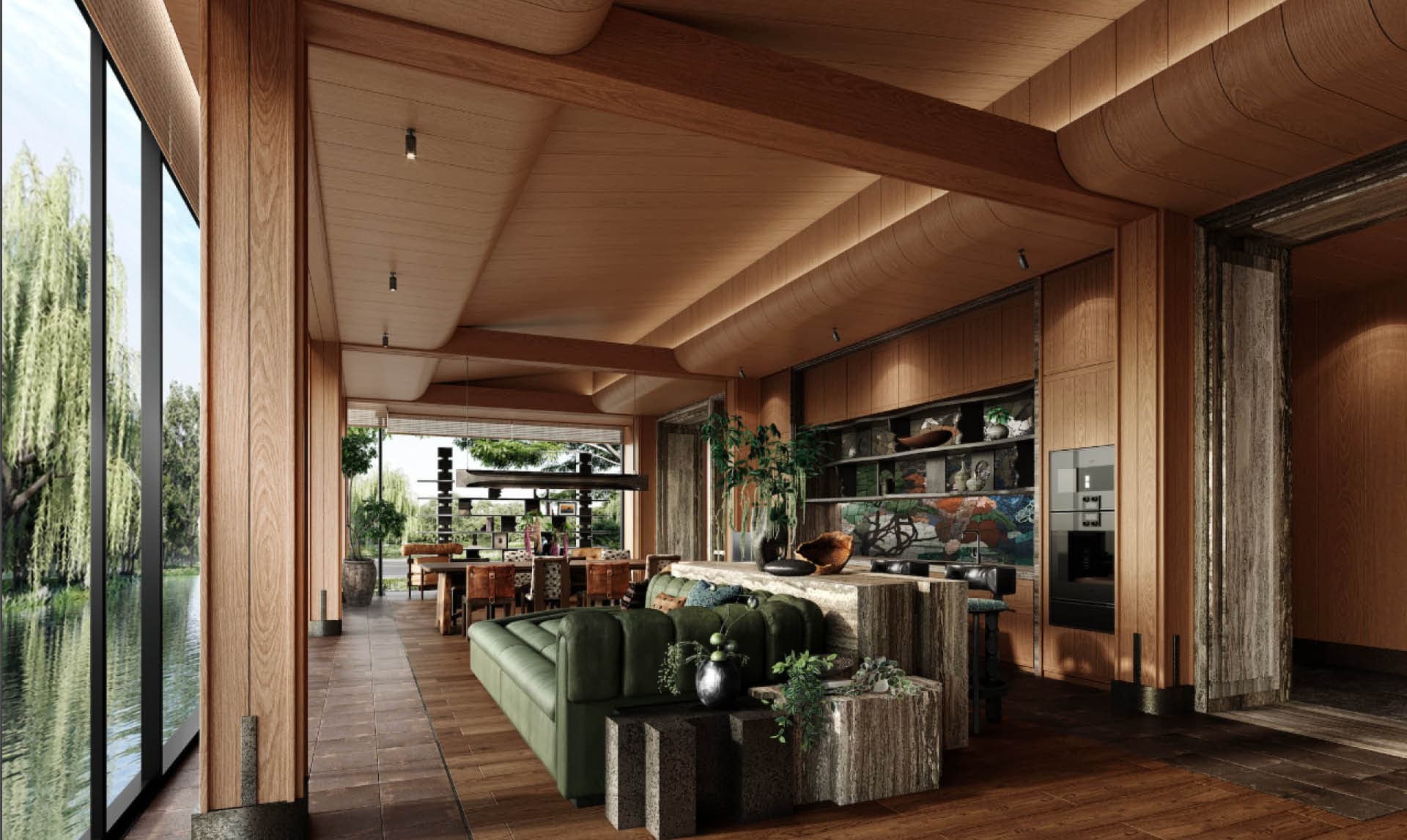 The Forest House living space floating beside a willow-lined lake