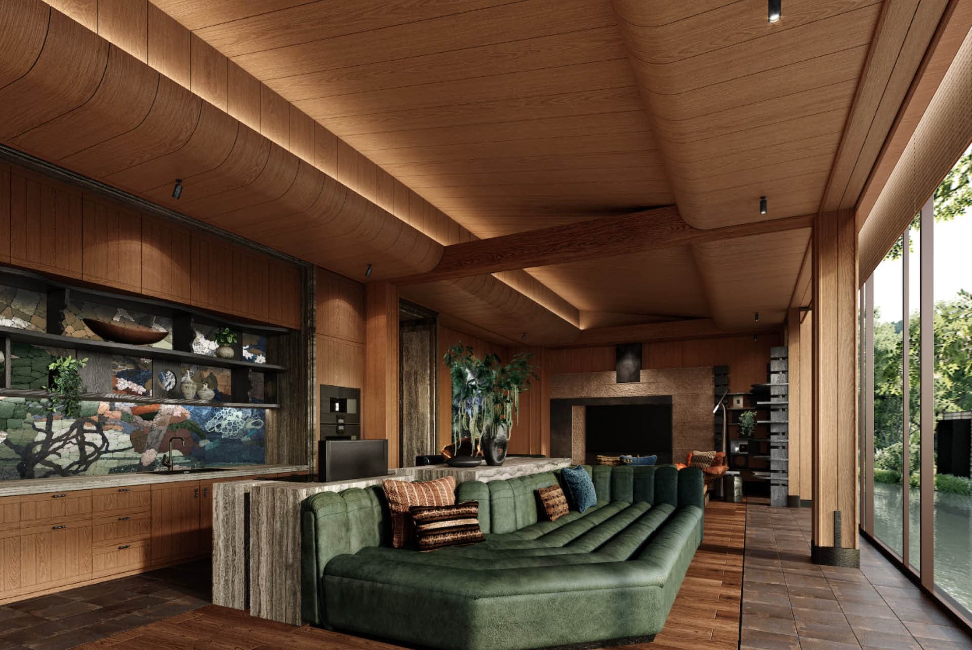 Reception and living area with a curved green sofa and sweeping oak ceiling