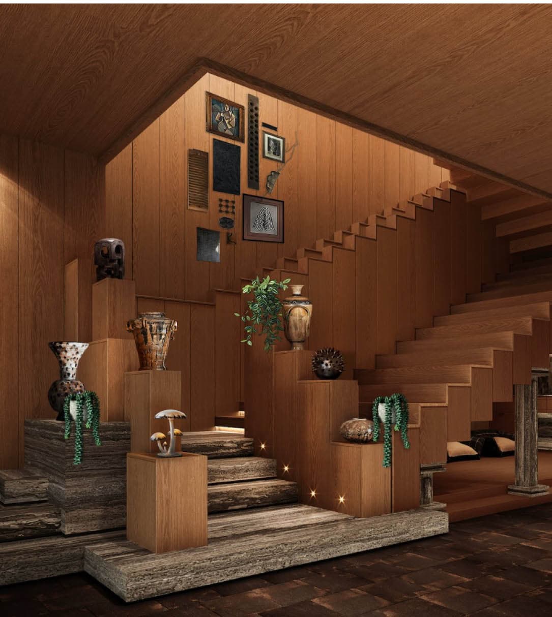 Sculptural oak staircase arranged as a cave path with collected objects