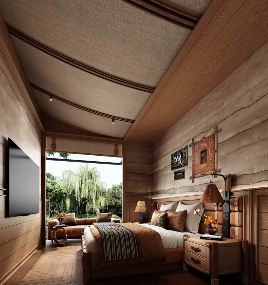 Guest bedroom layered with warm oak, linen ceiling panels and collected art