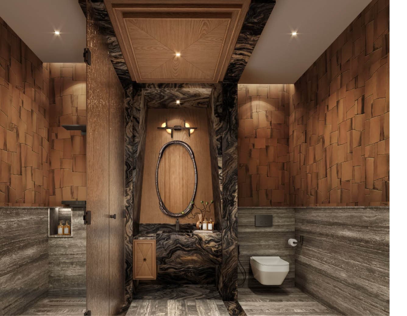 Master bathroom shaped as a cave with terracotta tile and dark marble
