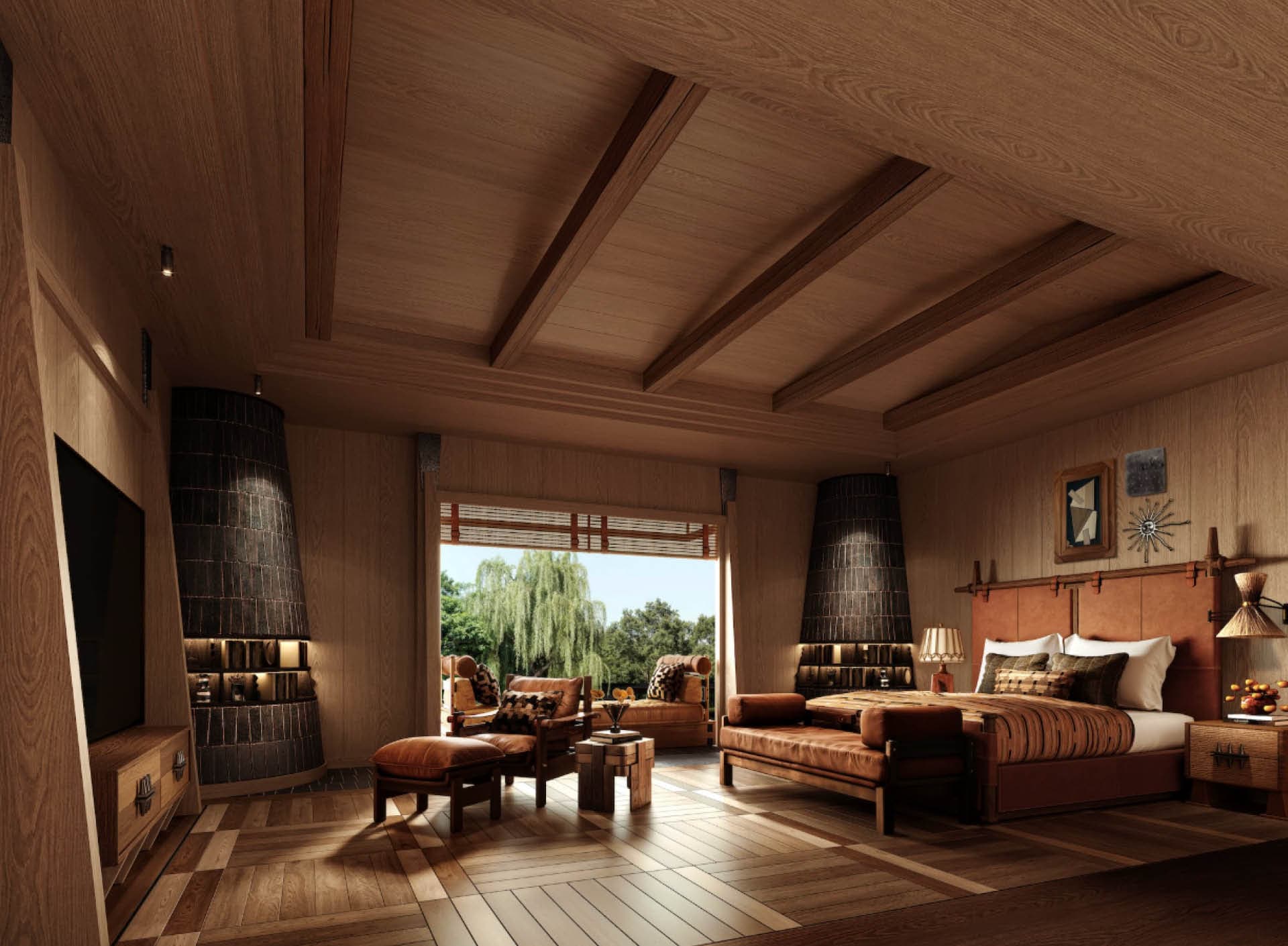 Master bedroom by the water with exposed oak beams and willow views