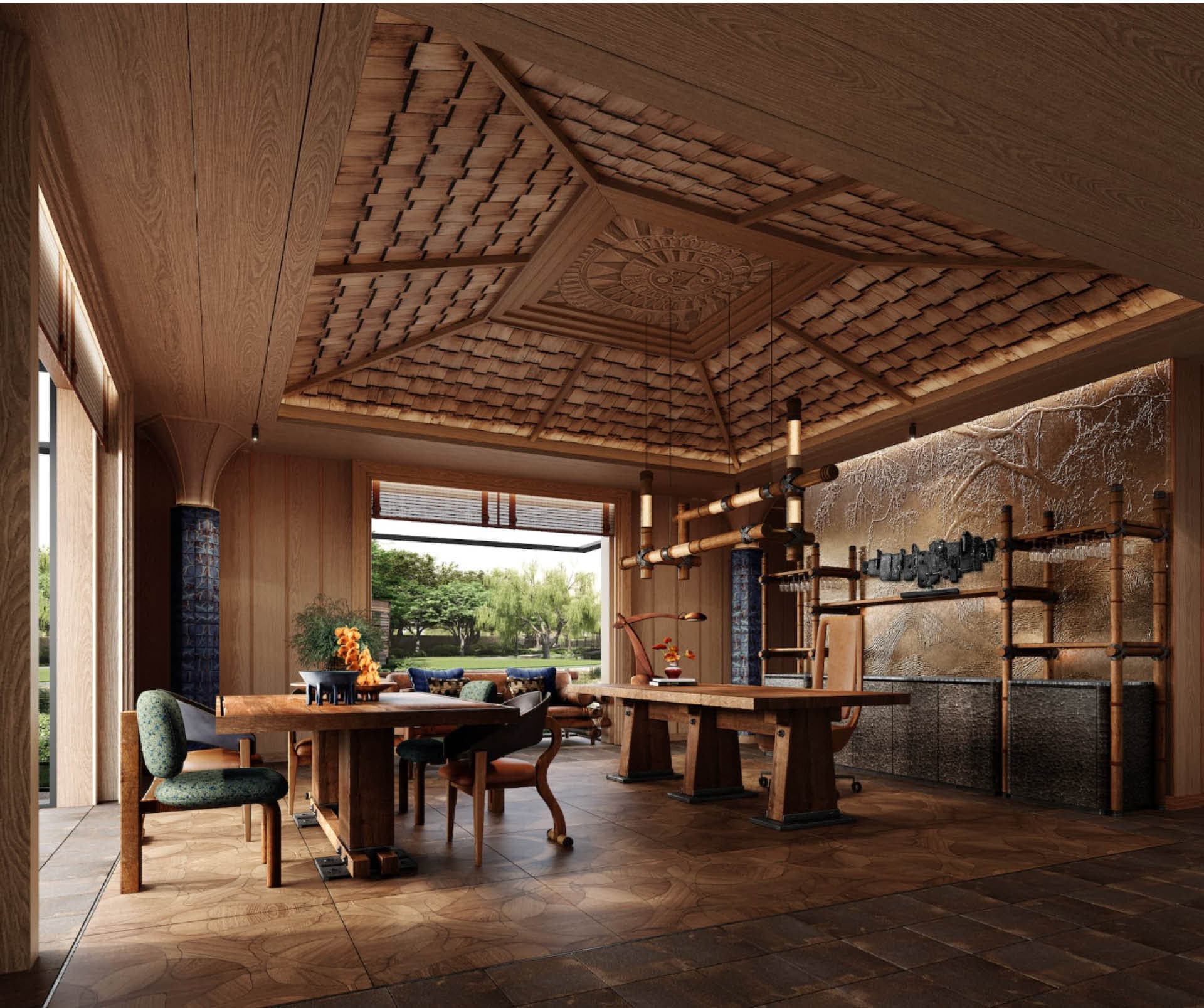 Tree House office with bamboo-shingle ceiling and garden-facing desks