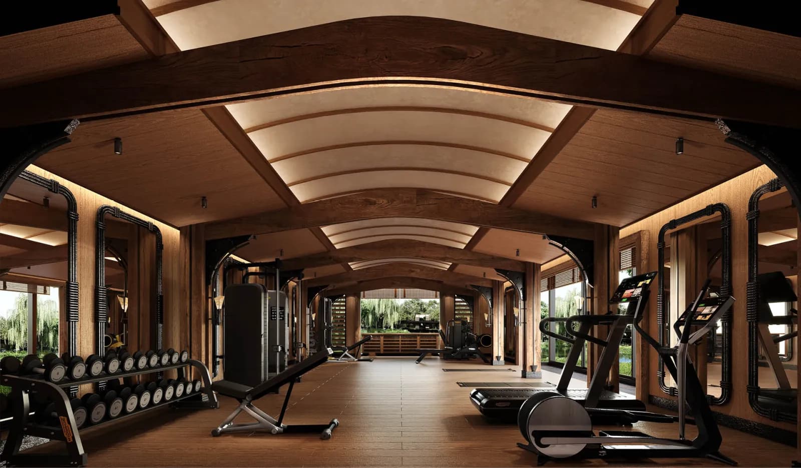 Forest Vault gym with an illuminated barrel-vaulted timber ceiling