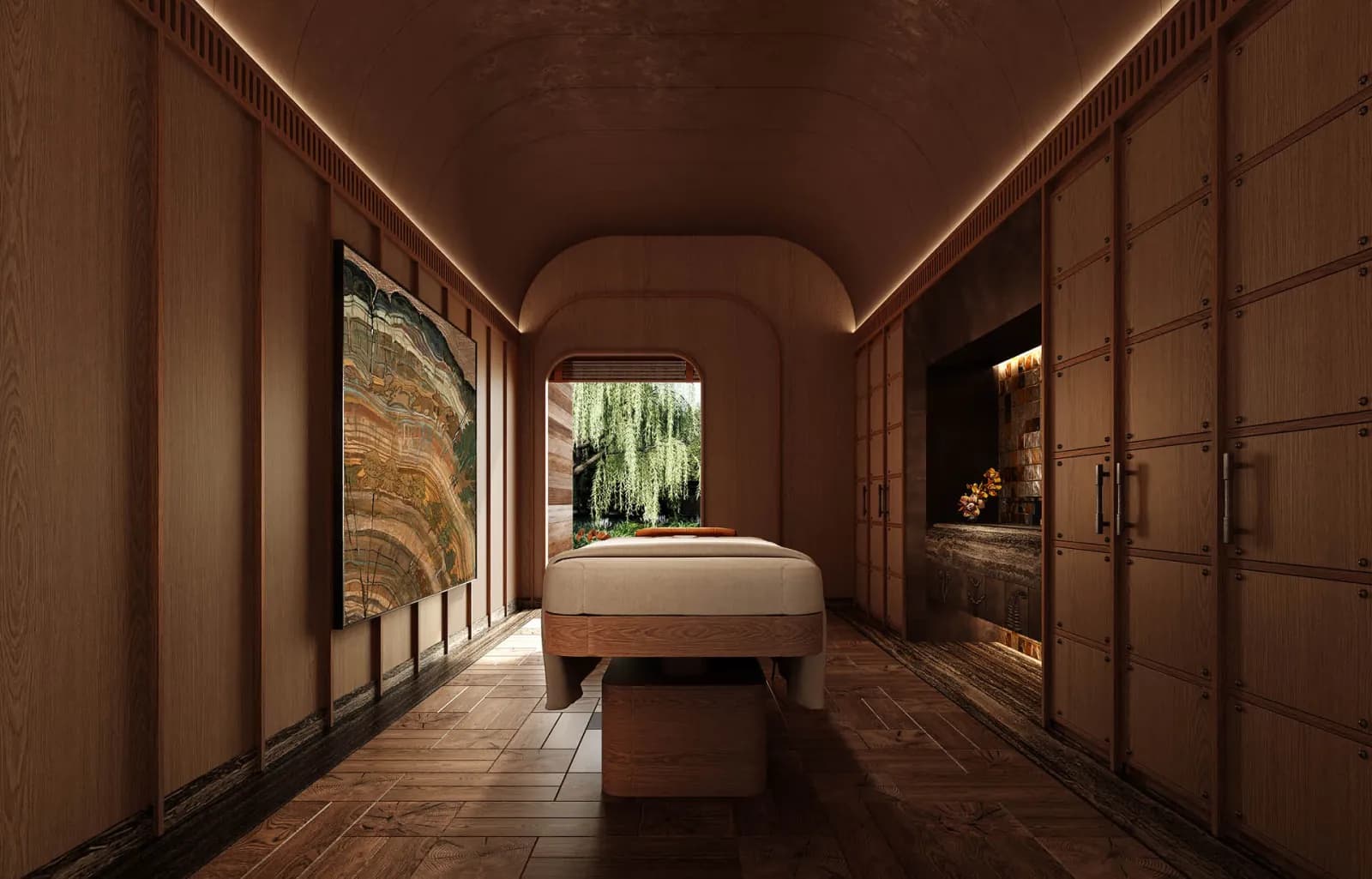 Forest House spa treatment room with a vaulted timber ceiling