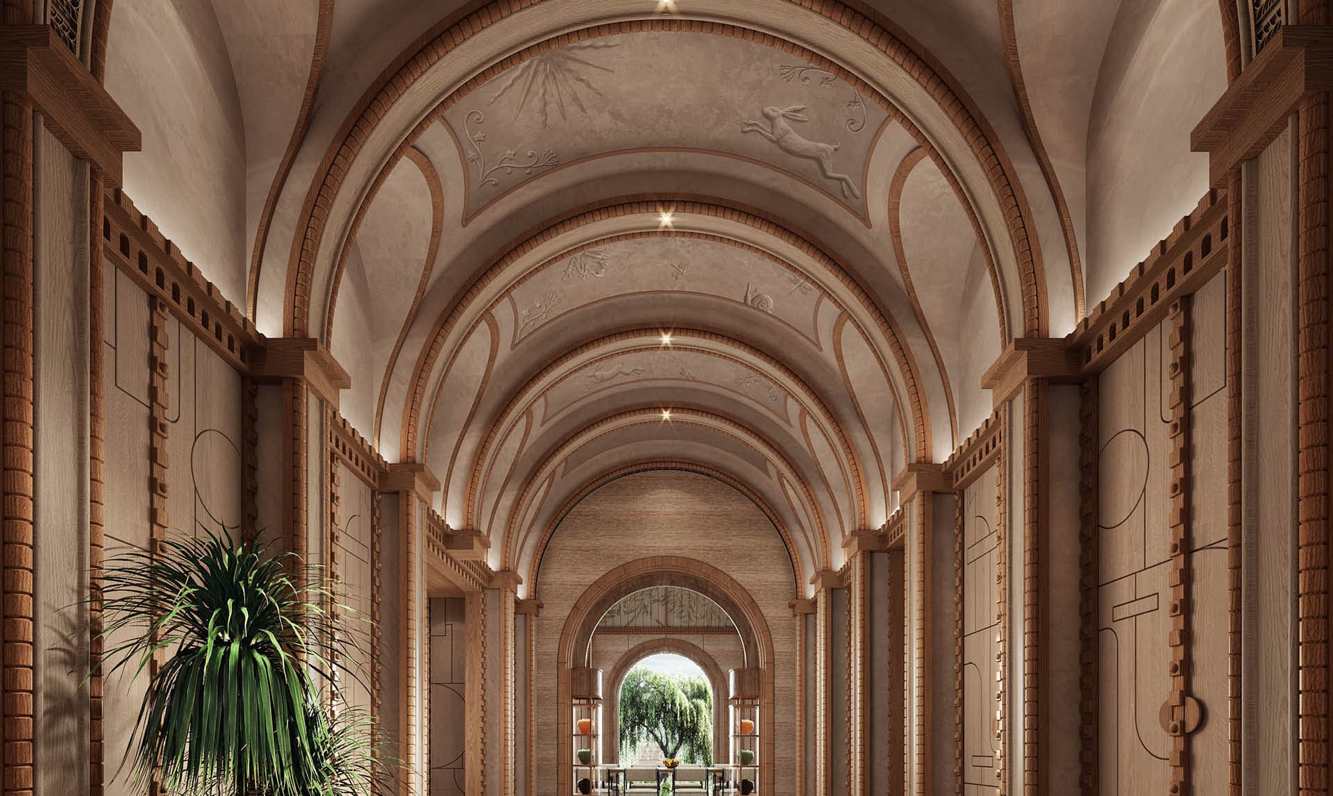 Sculpted barrel-vault corridor leading toward a willow tree