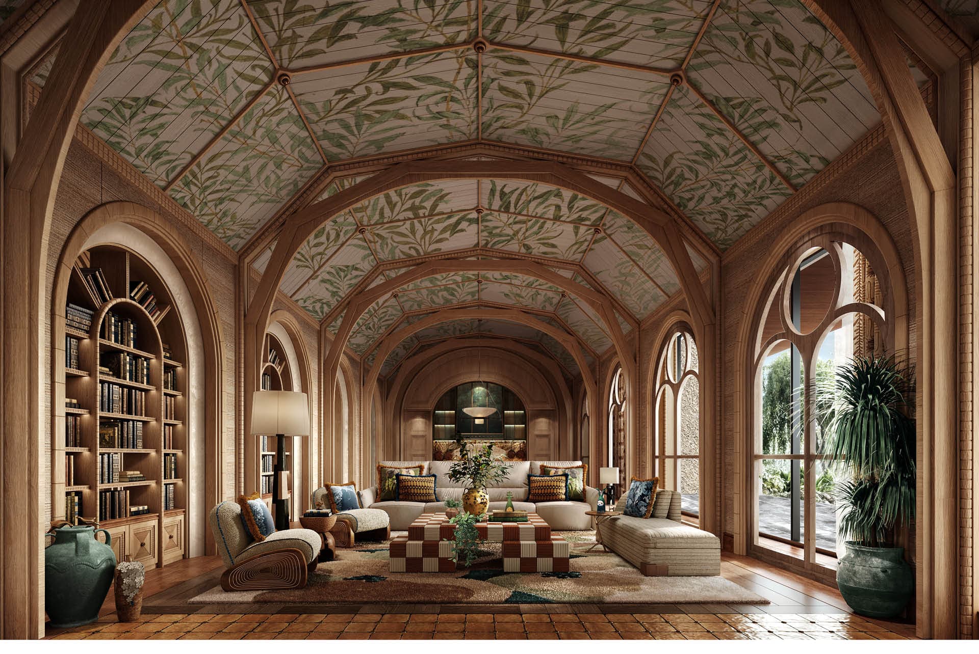 Living room beneath painted willow branches and timber arches
