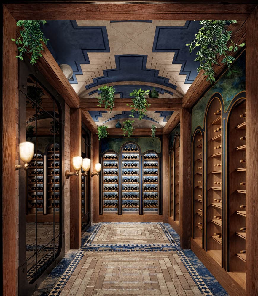 Warm timber wine cellar with blue-edged herringbone floor