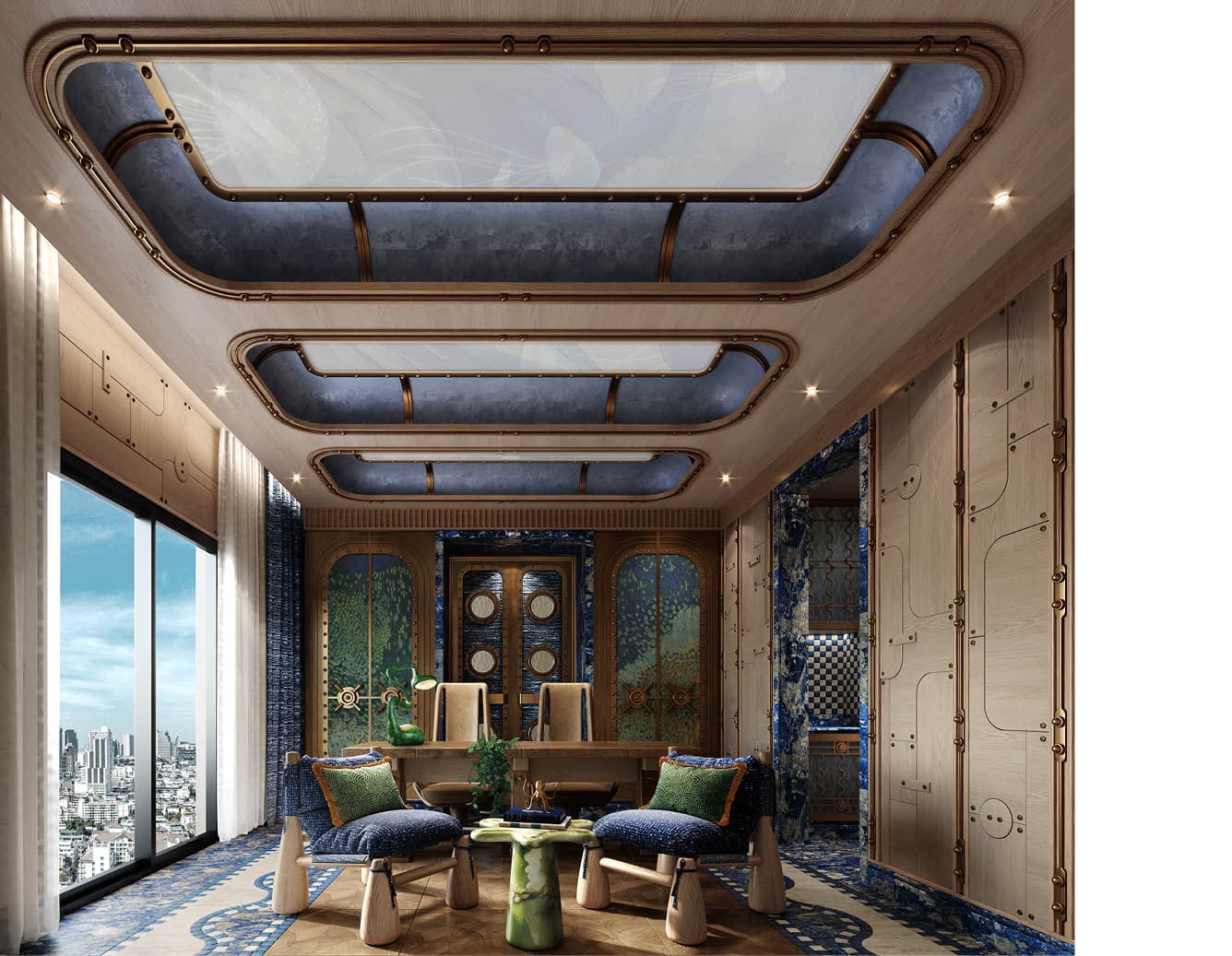Blue and timber working room with bronze-framed ceiling panels