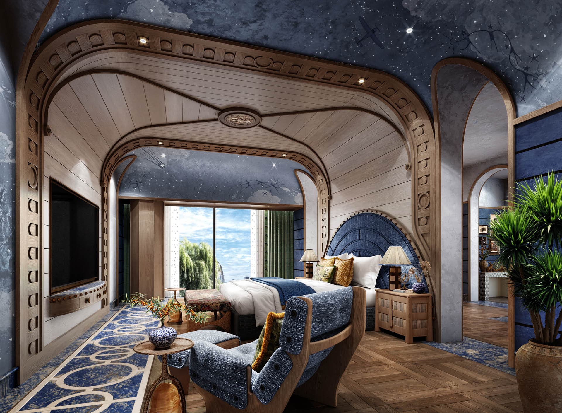 Master bedroom opening beneath a constellation-painted ceiling