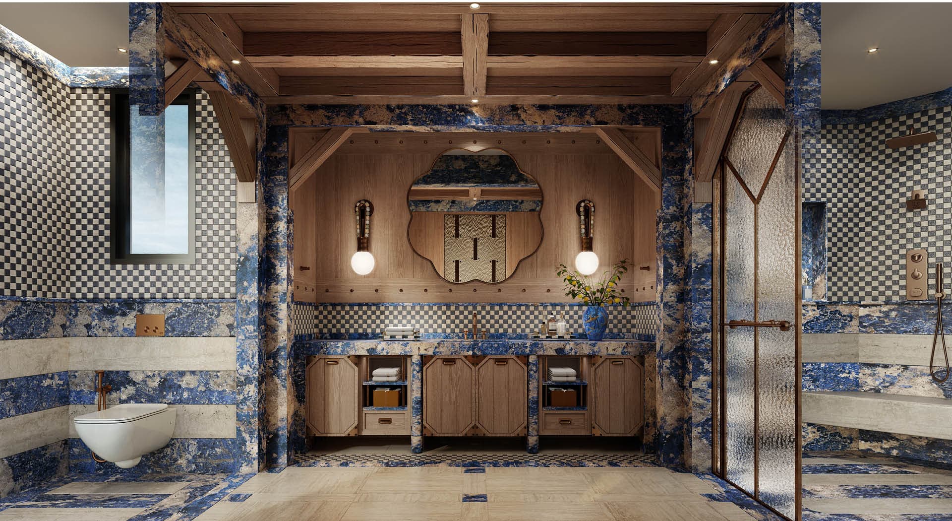 Master bathroom clad in blue marble and checkerboard mosaic