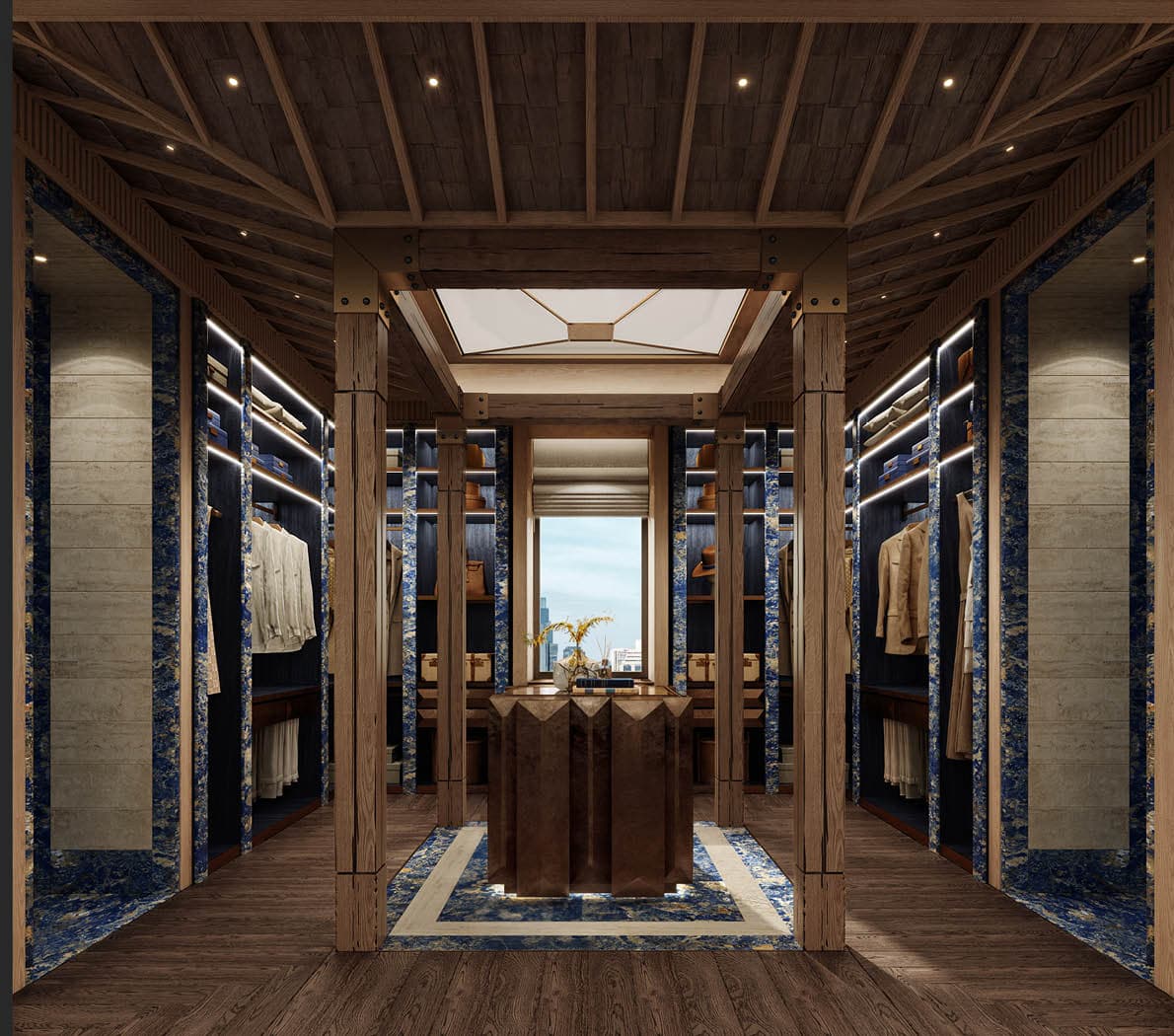 Master closet framed with deep blue stone and warm timber