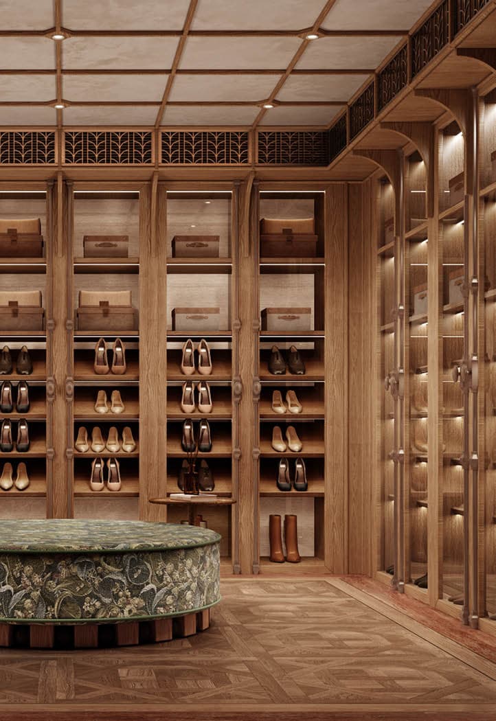 Honey oak shoes and bags room with a botanical ottoman