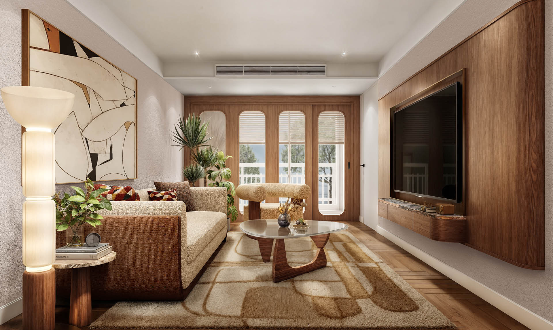 The Bangkok Narathiwat living room with warm walnut joinery