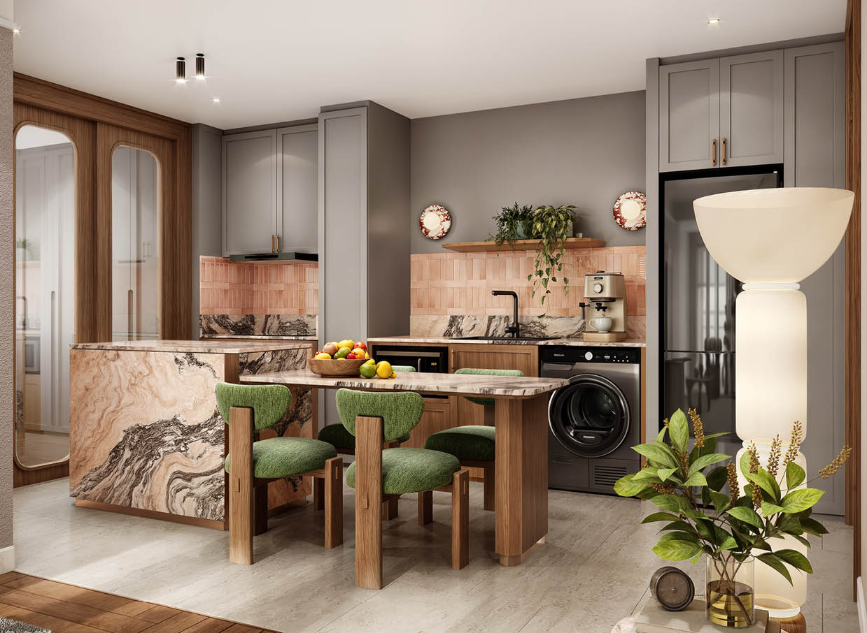 Warm mid-century kitchen with pink marble and sage chairs