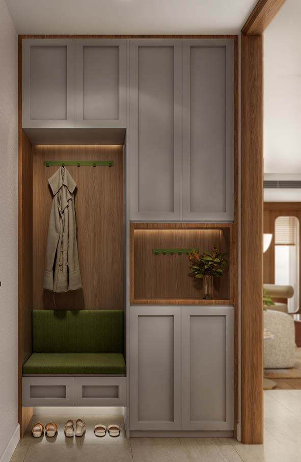 Integrated foyer cabinet and green upholstered bench