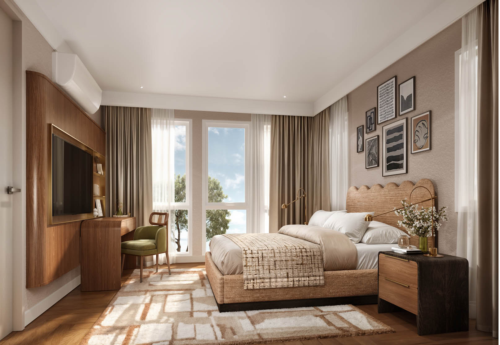 Master bedroom with scalloped headboard and curated gallery wall