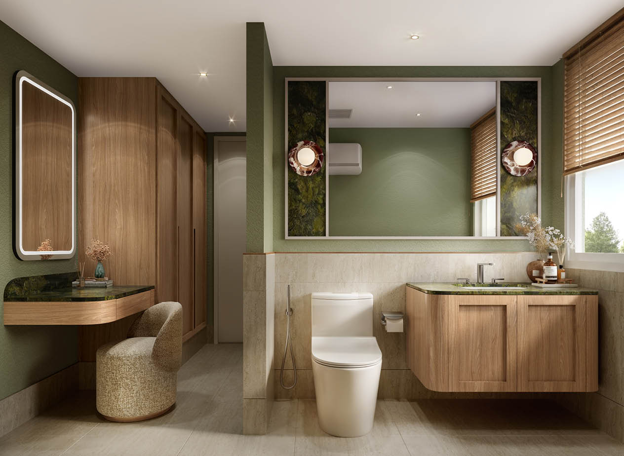 Bathroom with sage green walls, oak cabinetry and green marble vanity