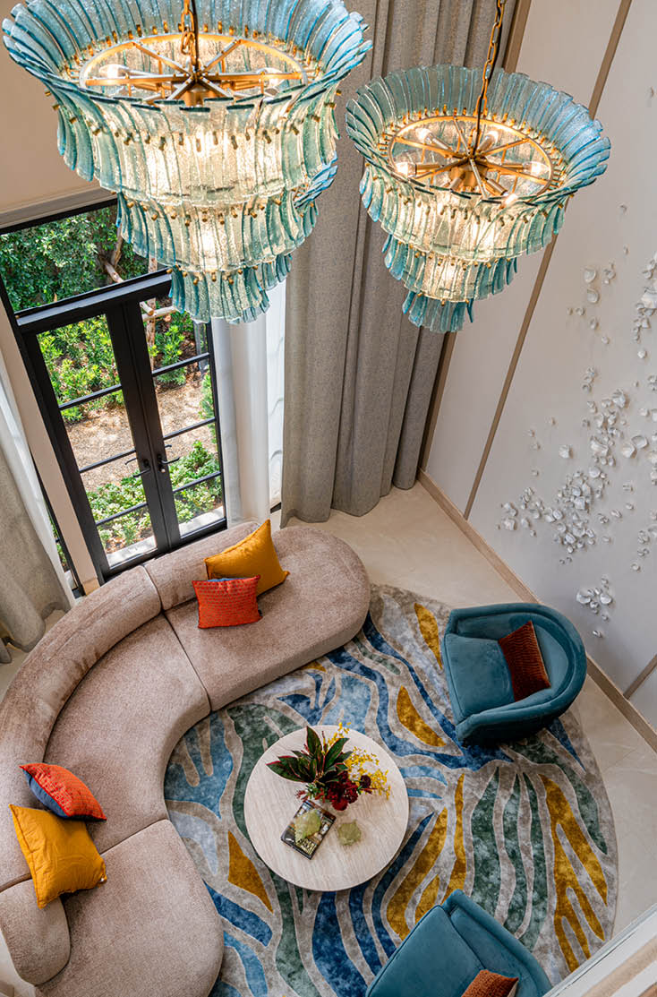 Overhead view of the colourful double-height living room