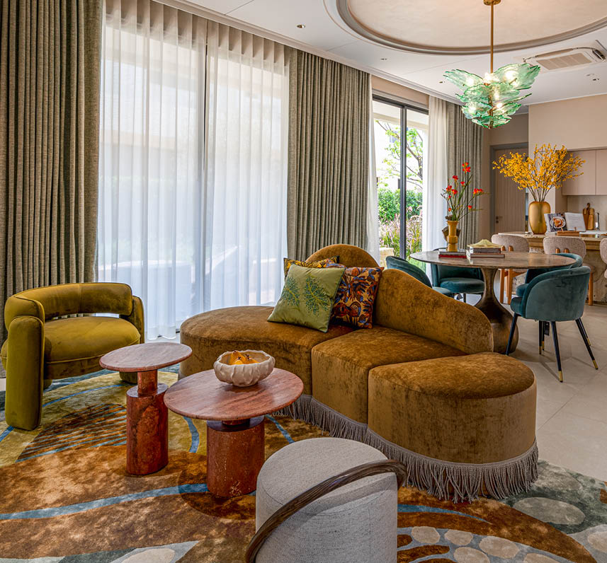 Colourful curved seating in the living and dining area