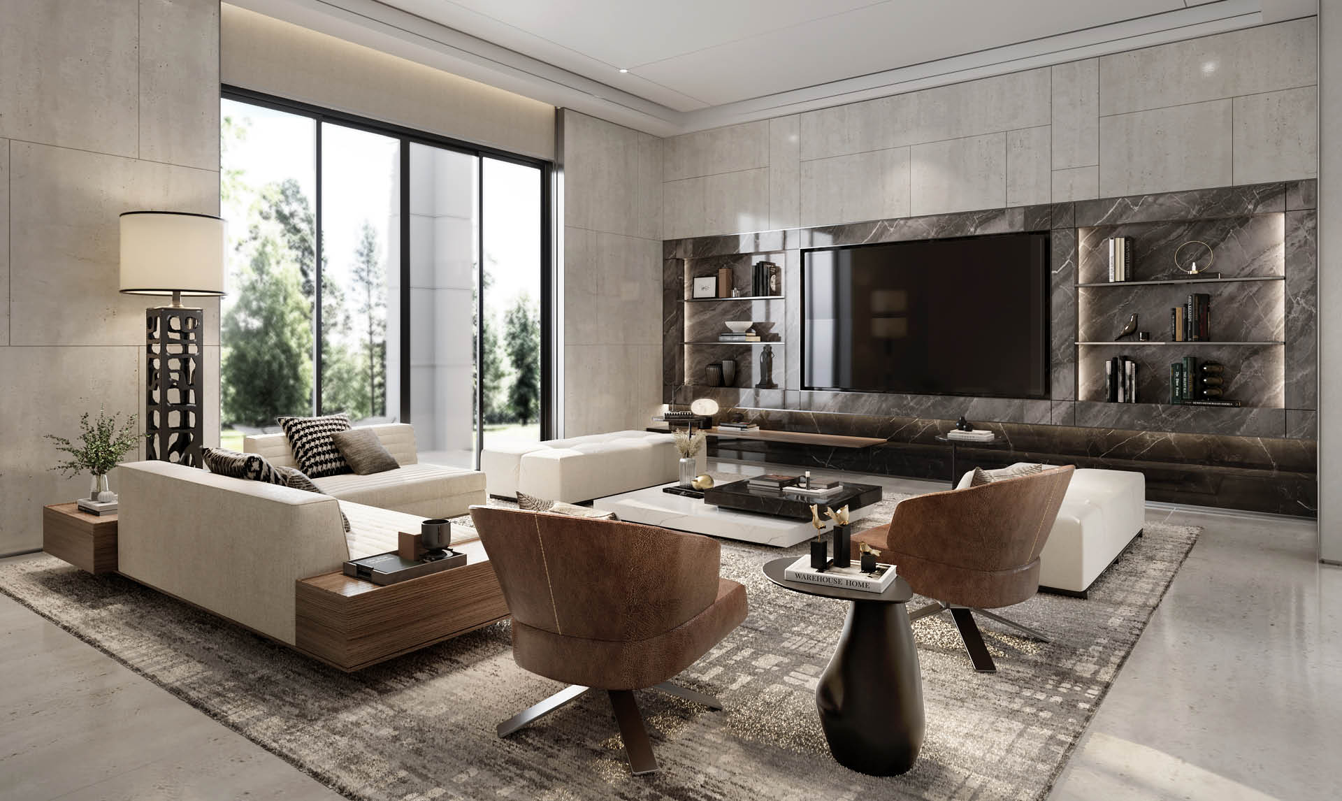 Sriracha House, Chonburi living room with dark marble television wall