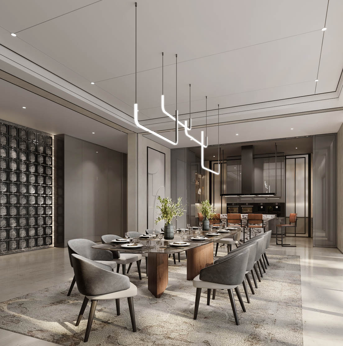 Owner's residence dining room and sculptural pendant lighting