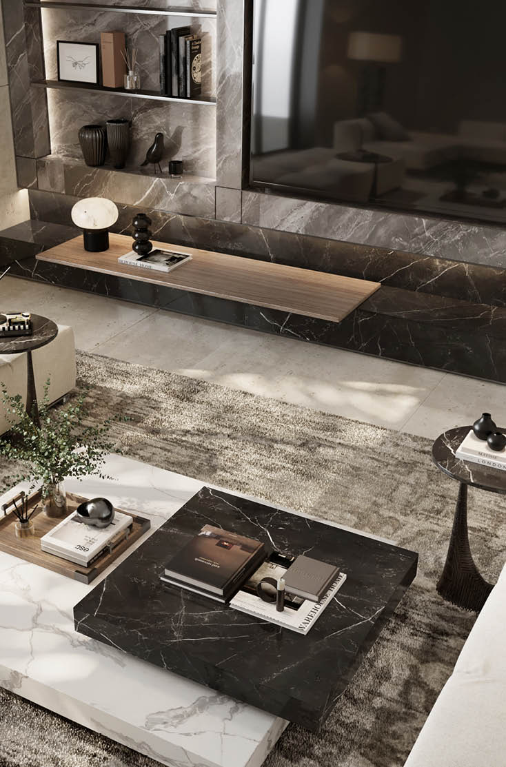 Owner's residence living room with dark marble television wall