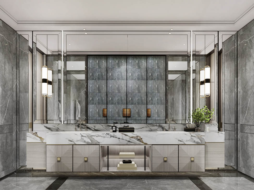 Owner's master bathroom with patterned veneer vanity cabinet