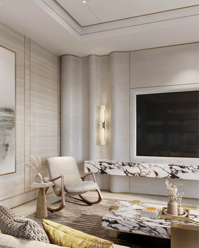 Mother's residence living room with warm marble and gold details
