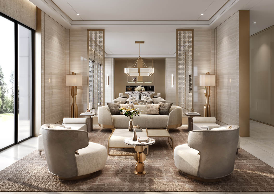 Mother's residence living room with decorative screens and garden views