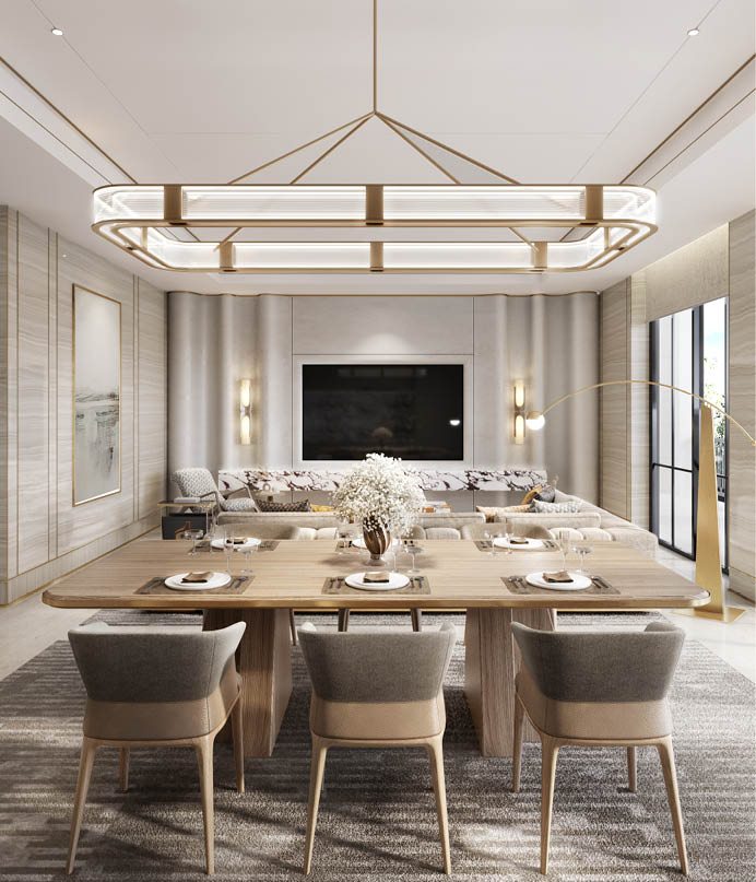 Mother's residence dining room with geometric gold chandelier