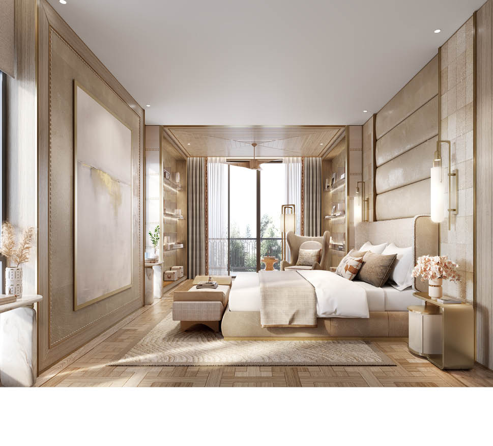 Mother's master bedroom in warm ivory and gold tones