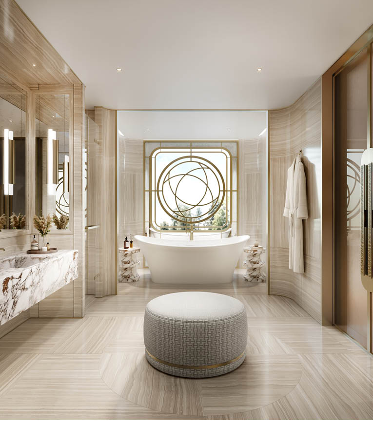 Mother's master bathroom with circular brass window