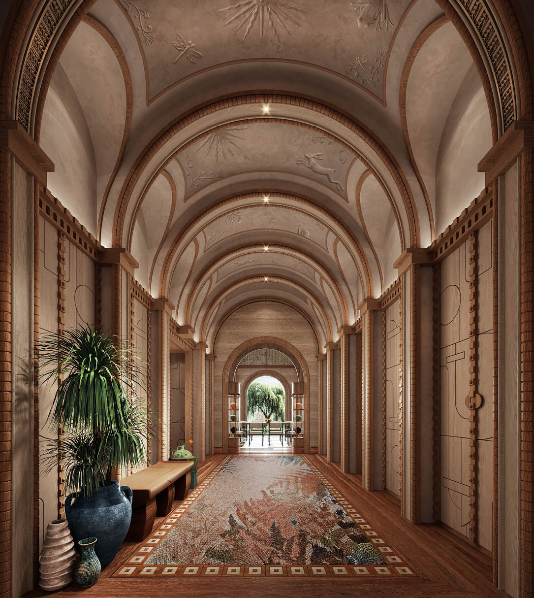Vaulted timber corridor with botanical reliefs and mosaic runner